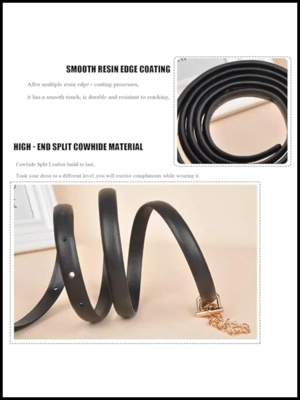 Stylish Skinny Cowhide Split Leather Belt with Chain & Gold Buckle